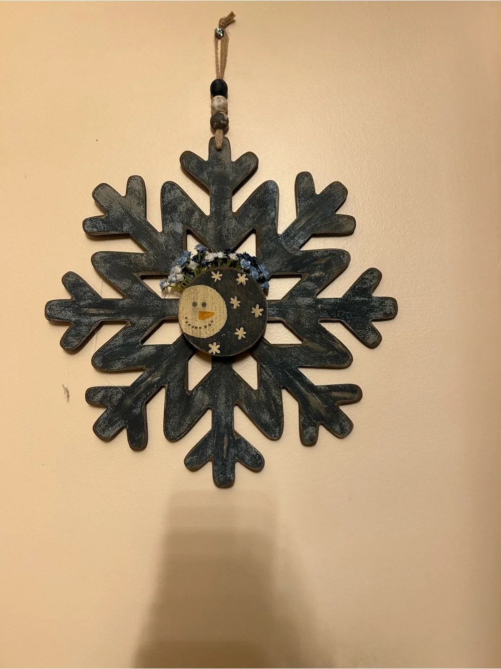 Handcrafted Navy Snowflake Wall Hanging with Snowman Motif